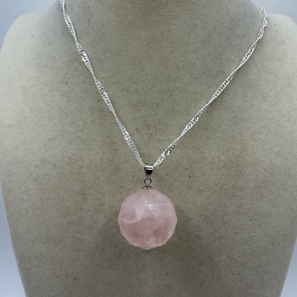 SOLD Rose Quartz 3D Round Pendant on Sterling Silver Chain - Picture 7 of 13